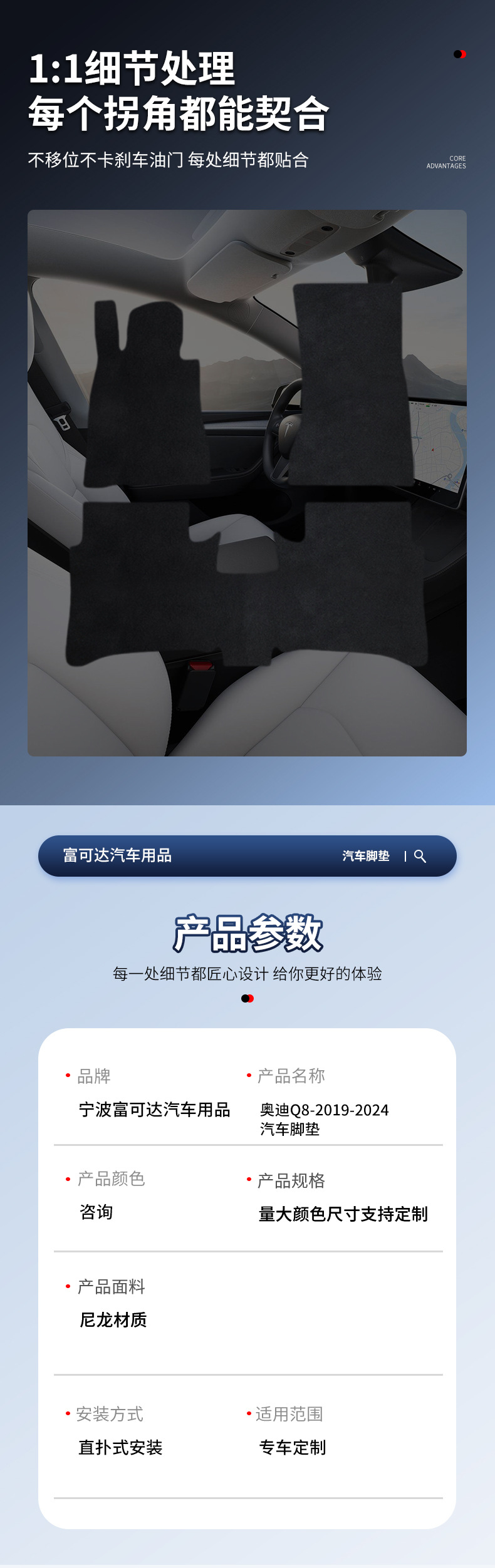 Suitable for Audi Q8-19-24 Models, Nylon Car Floor Mats, Black Comfortable Full-Coverage Threshold Floor Mats