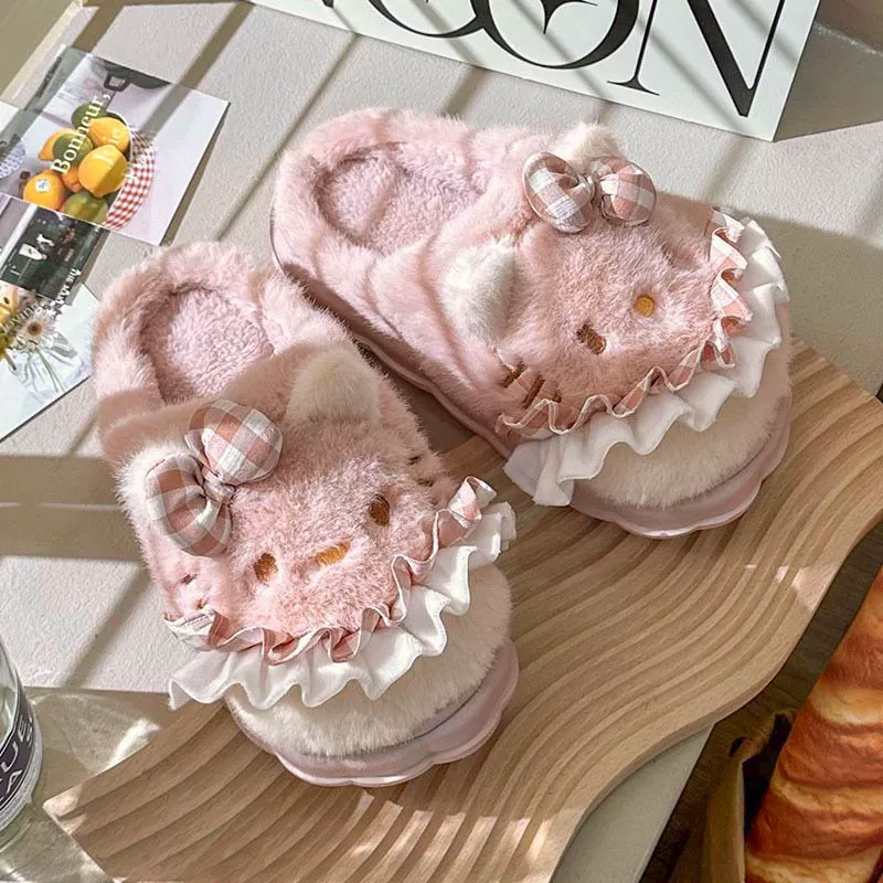 Hello Kitty, мультяшные тапочки, зимняя нескользящая теплая обувь на платформе