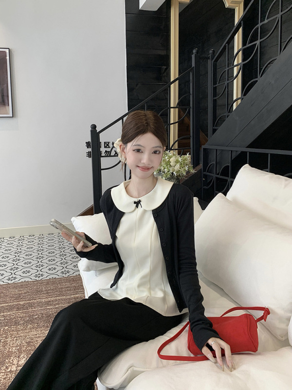 法式娃娃领蝴蝶结吊带背心长袖开衫女2025秋季新款时尚两件套装潮|undefined