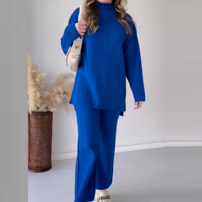 Damenbekleidung Herbst neue Mode einfarbig Rundhals mittlere Länge beiläufiger lockerer Pulloveranzug_voghion.com