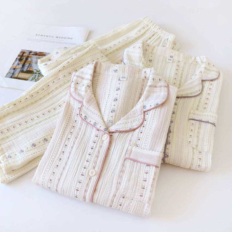 Spring and Summer New Style Pure Cotton Double-Layer Gauze Pajamas with Sweet Prints, Long-Sleeved Thin Cotton Wrinkled Gauze Home Wear Spring and Summer New Style Pure Cotton Double-Layer Gauze Pajamas with Sweet Prints, Long-Sleeved Thin Cotton Wrinkled Gauze Home Wear