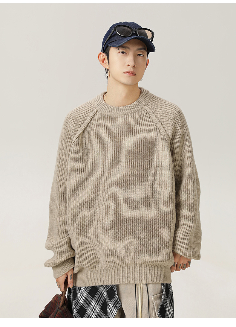 Monochrome 3d Shoulder Texture Men's Round Neck Knitted Sweater_voghion.com