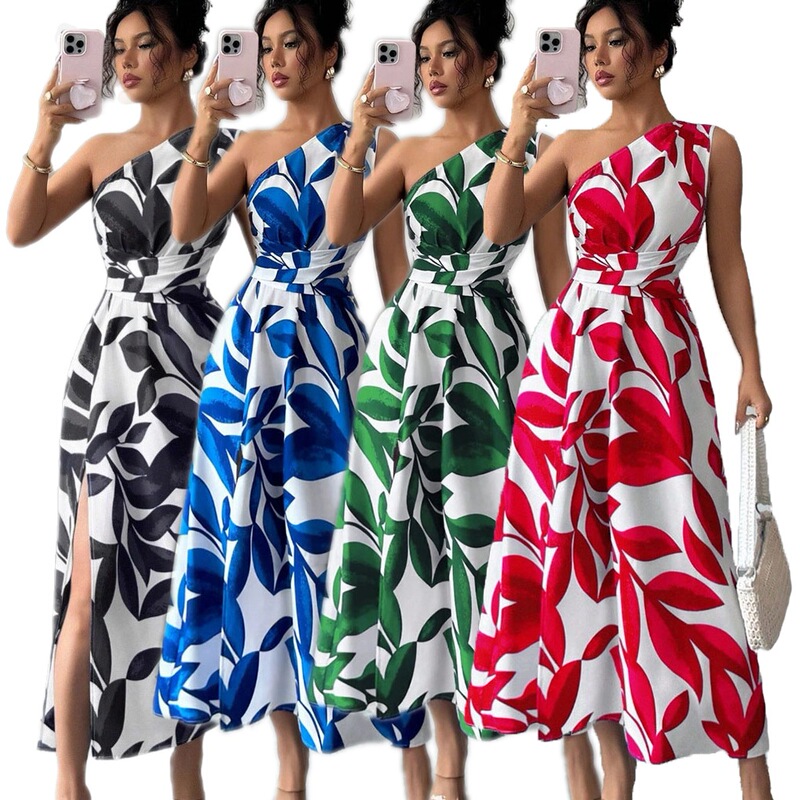 Cross-Border Women's Fashion Spring and Summer Hot-Selling New Floral Print One-Shoulder Slit Dress Sexy Resort Style Elegant Long Dress