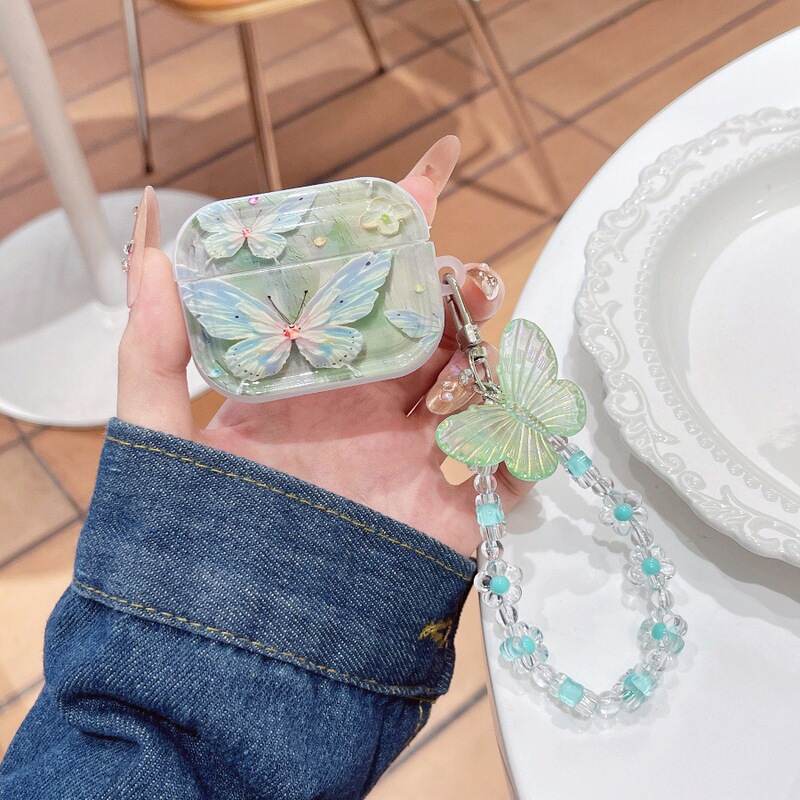 Oil Painting Style Green Pink Butterfly Apple Airpodspro2 Wireless Bluetooth Headphone Shell 1/2/3 Generation Headphone Set Pendant