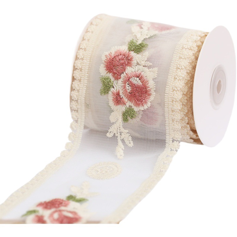 9cm vintage rosa flor bordado encaje accesorios para el cabello cinta DIY hecho a mano arco cinta de encaje embalaje decorativo