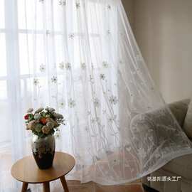 批发刺绣绣花白纱帘复古文艺半遮光帘窗帘纱豪华客厅阳台隔断E18