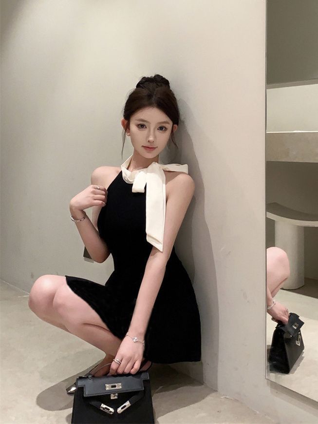 商品详情图_法式黑色无袖连衣裙女夏季新款超仙气质蝴蝶结显瘦短