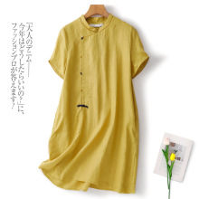 实拍现货黄色棉麻连衣裙女夏季新款中式文艺优雅短袖宽松A字短裙