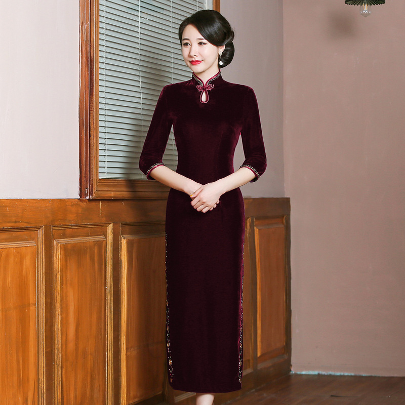Brand Velvet Middle-Aged Cheongsam Banquet Dress Wedding Banquet for Mother-In-Law and Mother Plus Size Brand Dress Dropshipping