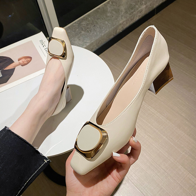 Real cowhide mid-heel women's shoes 2023 summer new shallow-mouth thick-heeled square-toed single shoes women's slip-on loafers high-heeled_voghion.com