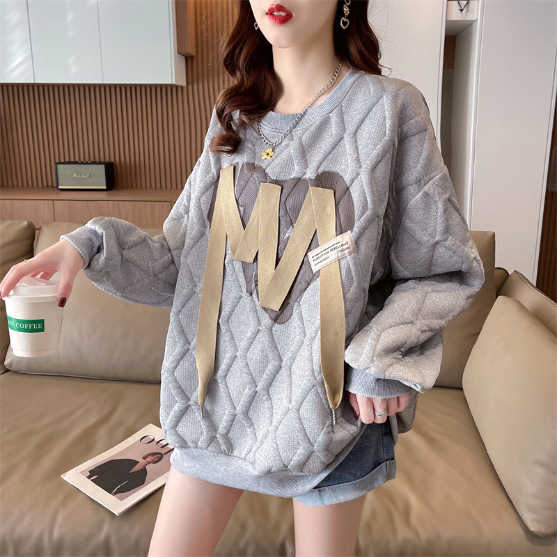 Damen Jacquard Sweatshirt Mit Bindeband Mittellang Locker Geschnitten_voghion.com