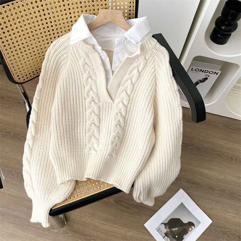 Fake Two-Piece Knitwear Autumn and Winter Women's Japanese Style Style Lazy Retro Design Niche Polo Collar Twist Knitwear Top