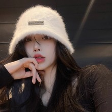 显脸小兔毛渔夫帽女秋冬百搭保暖大头围盆帽白色素颜毛绒水桶帽子