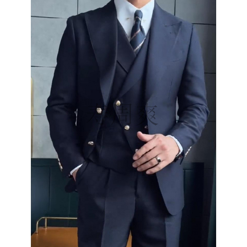 新款男士意式金属扣单排戗驳领藏青色布雷泽单排三件套西服套装|undefined
