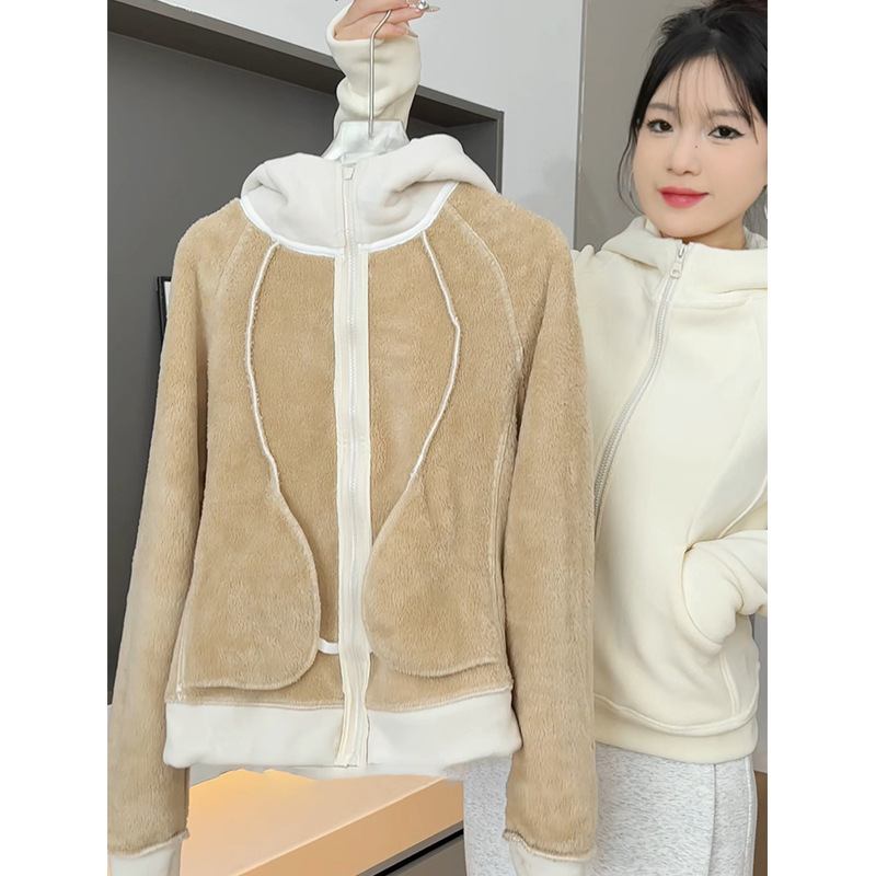 polar fleece hooded sweater for women 2025 new autumn and winter fleece-lined slim-fit cardigan coat thickened double-sided fleece top