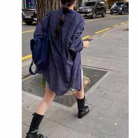 复古休闲蓝色慵懒格子衬衫薄款防晒外套女春夏新款宽松长袖上衣