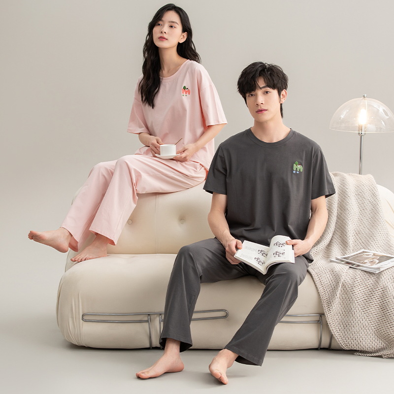 [Antibacteriano] pijama hombre de verano de mangas cortas de algodón pareja conjunto de mujeres casuales de color sólido de alta calidad ropa para el hogar