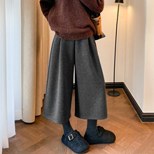 小个子宽松休闲醋酸羊毛裤黑灰色七分毛呢阔腿裤女春秋季2025新款