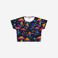 跨境热卖潮流创意个性多彩蘑菇系列3d印花短款女士休闲圆领T恤衫