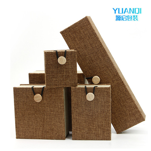 National style wooden buckle jewelry box Retro linen jewelry ring pendant necklace packaging jewelry box can be printed with logo