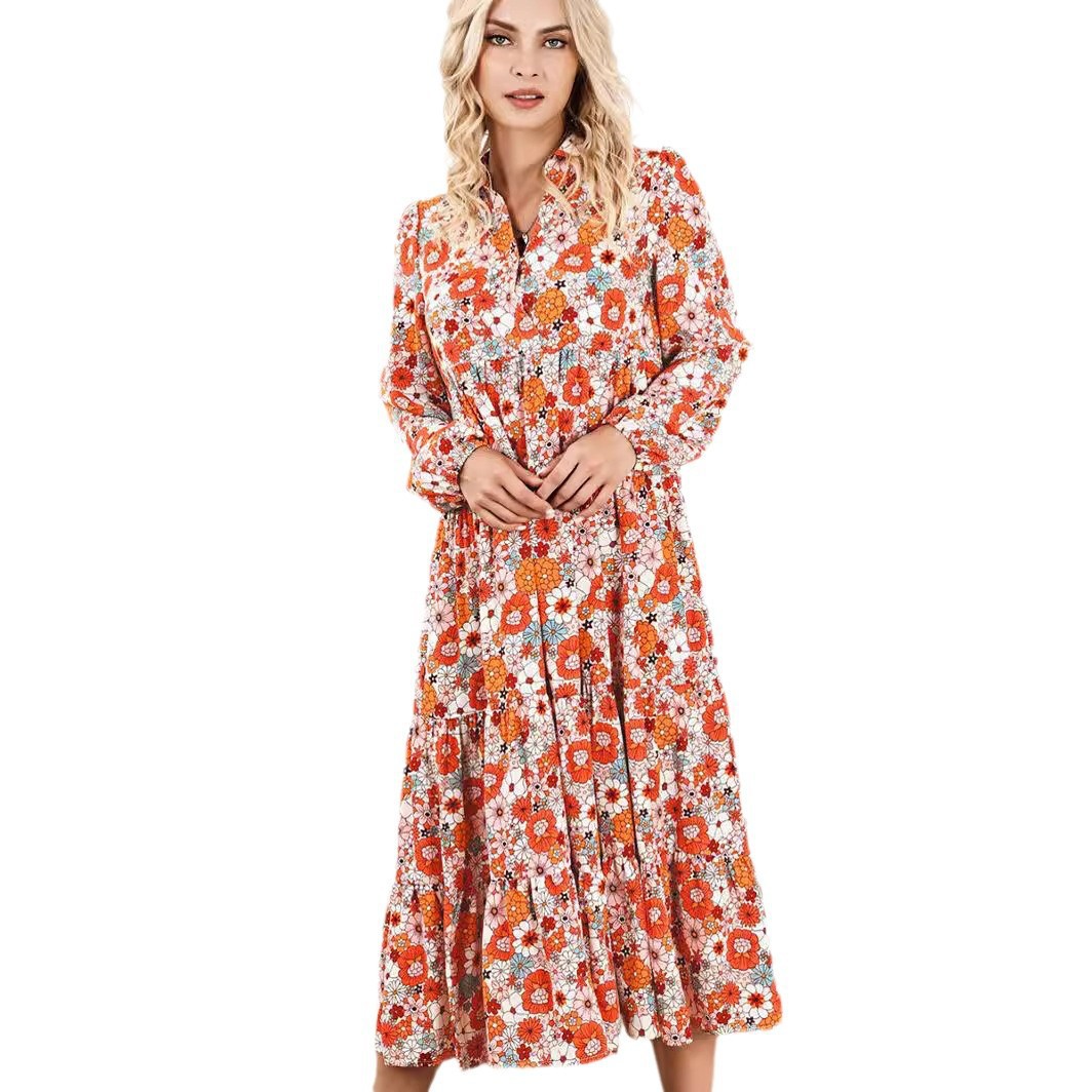 Casual Loose Fitting Bohemian Floral V Neck Dress Long Sleeved Puff Sleeve Women's Clothing New Spring Summer_ecoleips.com