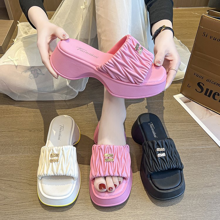 Foreign Trade Thick-Soled Platform Slippers for Women 2025 Summer New Square Toe Pleated Casual Candy Color Heightening Slippers for Women to Wear Outside