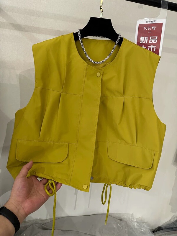 高端欧货下摆抽绳口袋设计无袖马甲女2025年秋季新款宽松背心外套|undefined