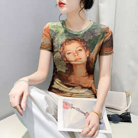欧货时尚纱网印花短袖圆领t恤女夏季今年流行修身显瘦洋气上衣潮