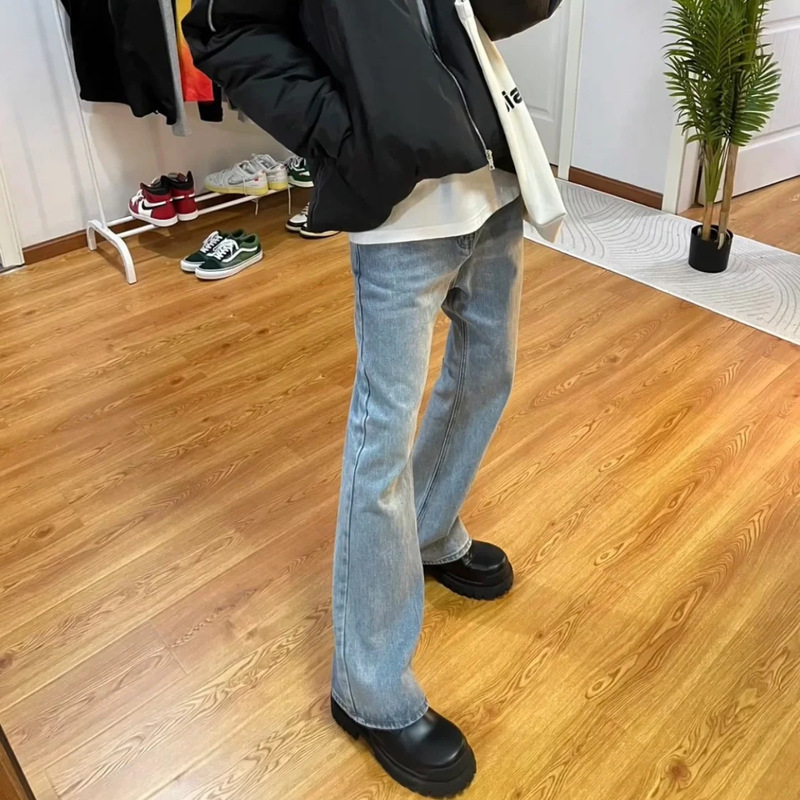 American-style High Ounce Denim Vintage Washed Light Blue Vertical Cut Slim Slim Slimmer Jeans for Men American-style High Ounce Denim Vintage Washed Light Blue Vertical Cut Slim Slim Slimmer Jeans for Men