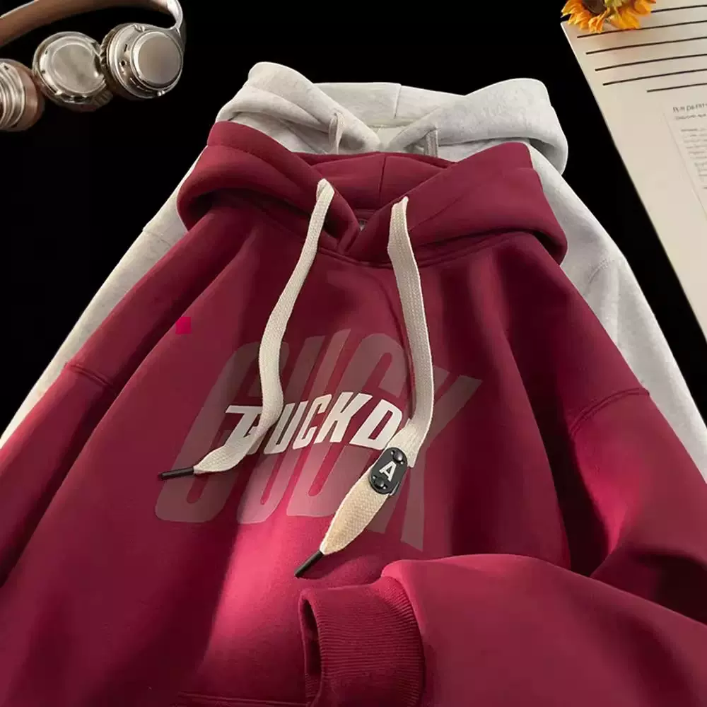 外贸美式青少年秋冬酒红色连帽卫衣男款春秋加绒帽衫外套跨境潮牌