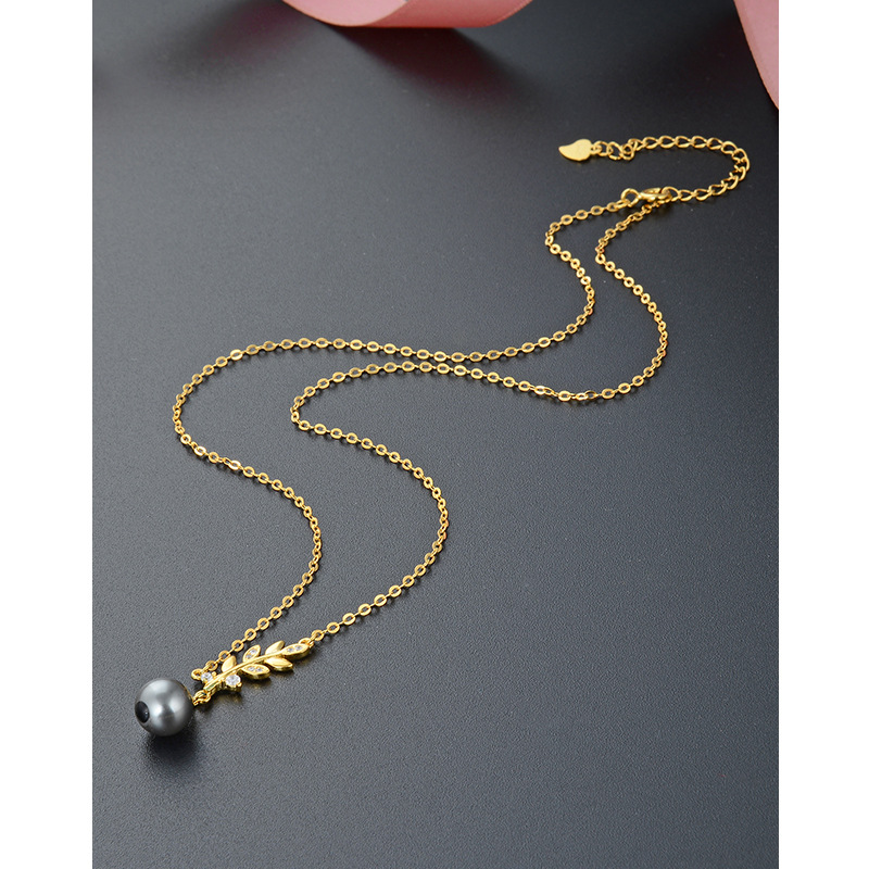 Hoja de diamante las mujeres elegantes accesorios colgante s925 plata ZIRCON negro perla collar Corea del Sur simple clavícula cadena