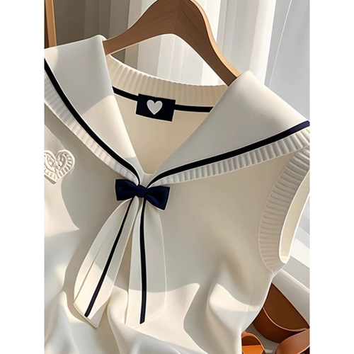Cream White Navy Collar Bow Knot V Neck Cardigan for Women - Spring New Arrival Korean Style Knit Top