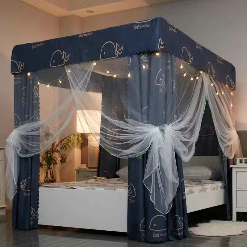 Cortina de cama de tres puertas para dormitorio piso a prueba de viento cortina de cama caliente para cuatro estaciones general a prueba de polvo mosquiteros