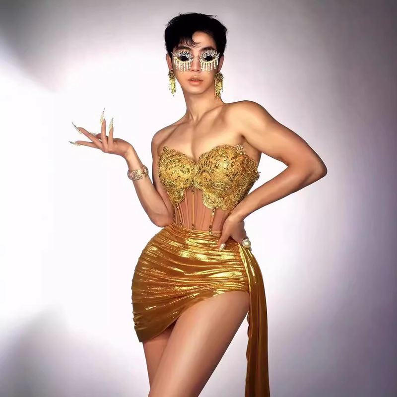 Gold Party Dress Sexy Tube Top Mini Dress Birthday Nightclub Luxury Bar dj Female Singing Performance Suit Gold Party Dress Sexy Tube Top Mini Dress Birthday Nightclub Luxury Bar dj Female Singing Performance Suit