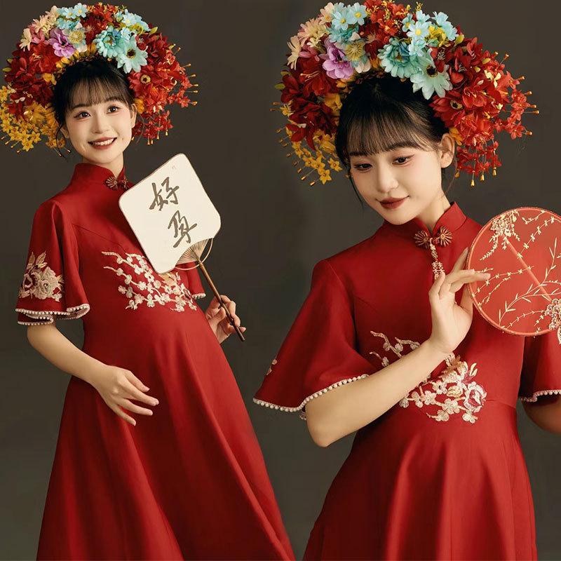 Photo Studio Pregnant Women Wine Red Chinese Modified Cheongsam Toast Dress Bride High Waist Wedding Dress Photographic Dress Photo Studio Pregnant Women Wine Red Chinese Modified Cheongsam Toast Dress Bride High Waist Wedding Dress Photographic Dress