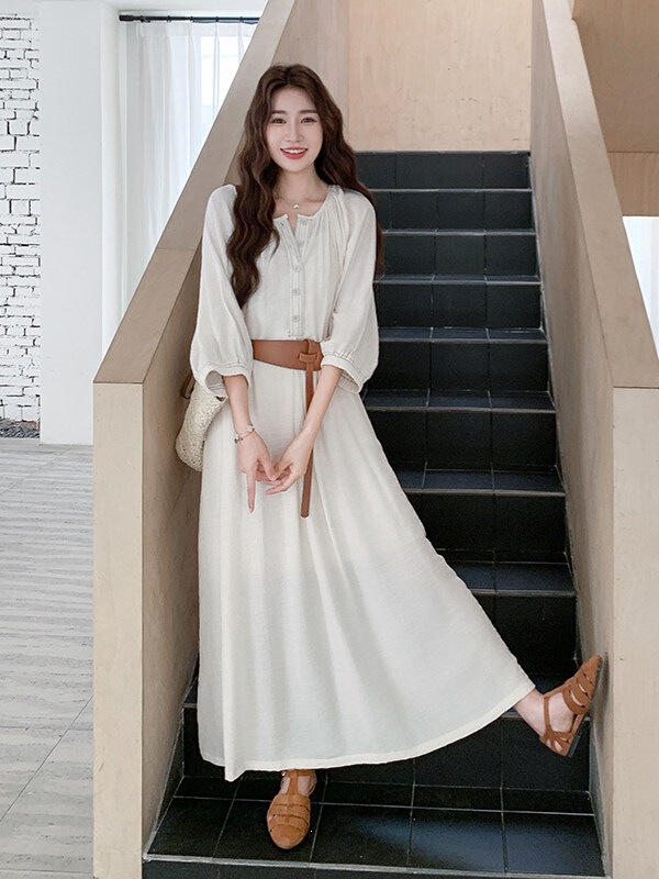 Off-White Dress for Women, New Summer Style, French Gentle Style, Loose Fit, Slimming, Relaxed Feel, Ankle-Length Skirt