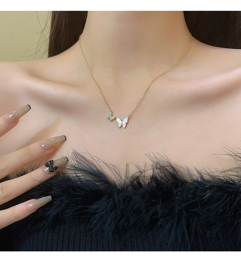 Fashion Butterfly Titanium Steel Enamel Plating Inlay Shell Zircon Necklace 1 Piece