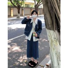 牛仔套装秋冬季女装复古正肩高级感短外套加厚小香风套装裙两件套