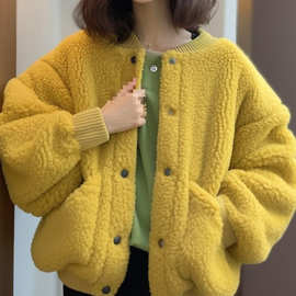 加厚黄色羊羔绒外套女小香风冬季小个子韩系短外套颗粒绒厚款上衣