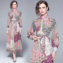 2025跨境新款女装春夏宫廷风豹纹碎花裙子长袖衬衣领连衣裙女通勤