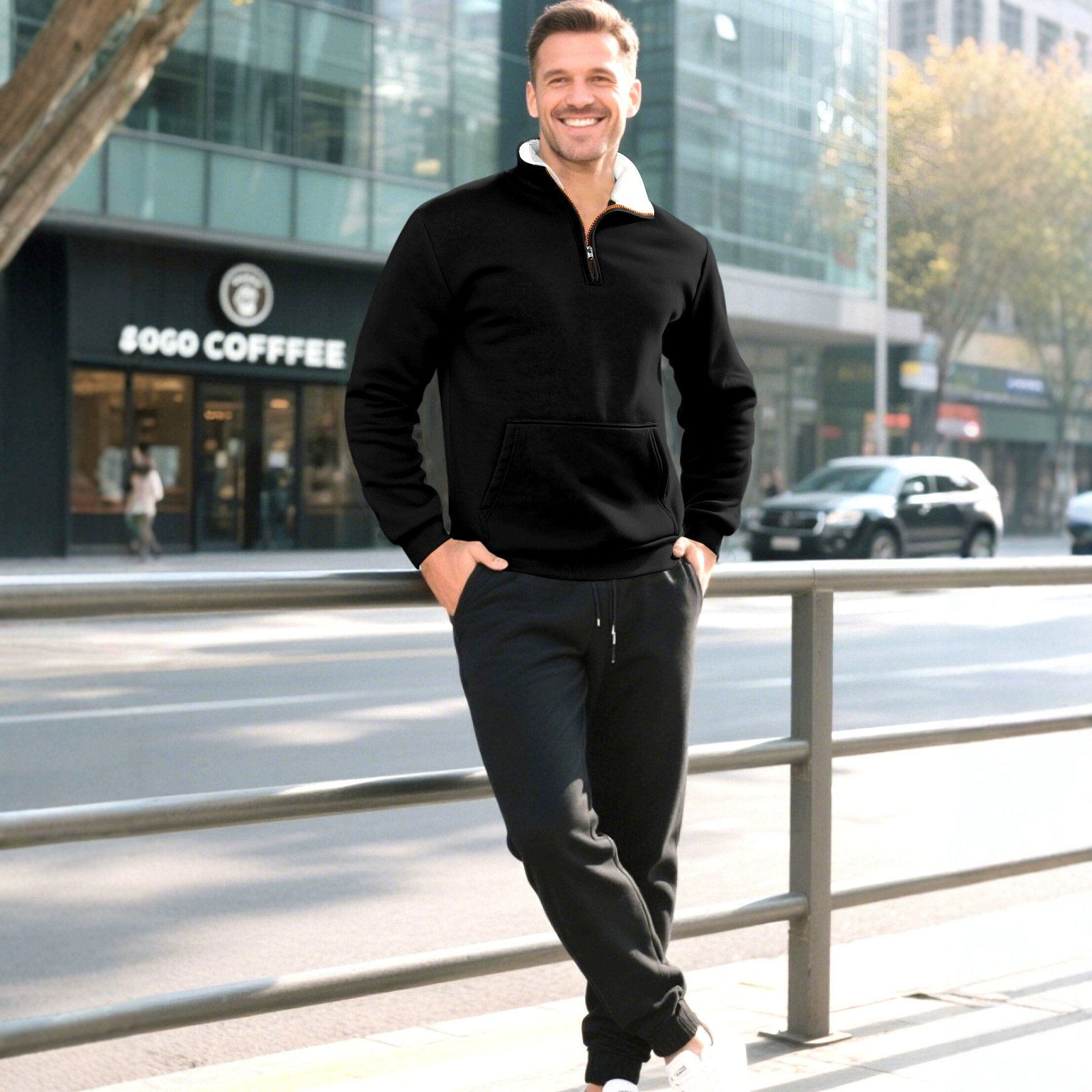 Nuevo cross-border hombre estilo de moda callejera estilo encapuchado otoño invierno contraste cremallera retro camiseta casual hombre