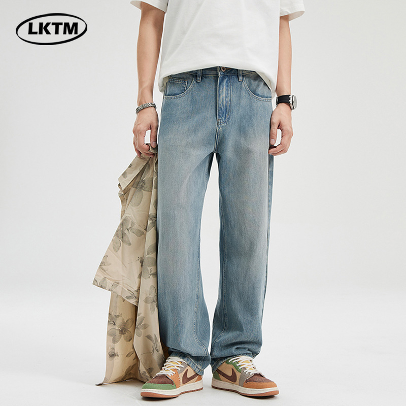 Lktm Men's American Summer Thin Drapedy Wide-Leg Jeans Men's High-End Simple Versatile Loose Straight Pants