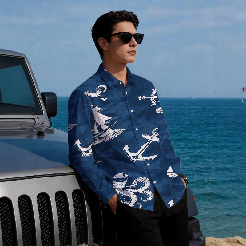 【Factory Direct Sale】Navy Style Anchor Sailboat Print Long-Sleeve Shirt for Men, Loose Casual Floral Shirt for Seaside Vacation