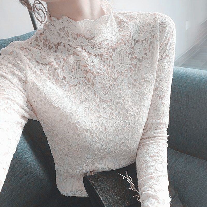 High-neck, fleece-lined, long-sleeved autumn and winter lace base shirt for women, stylish new slim-fit top, solid color inner layer