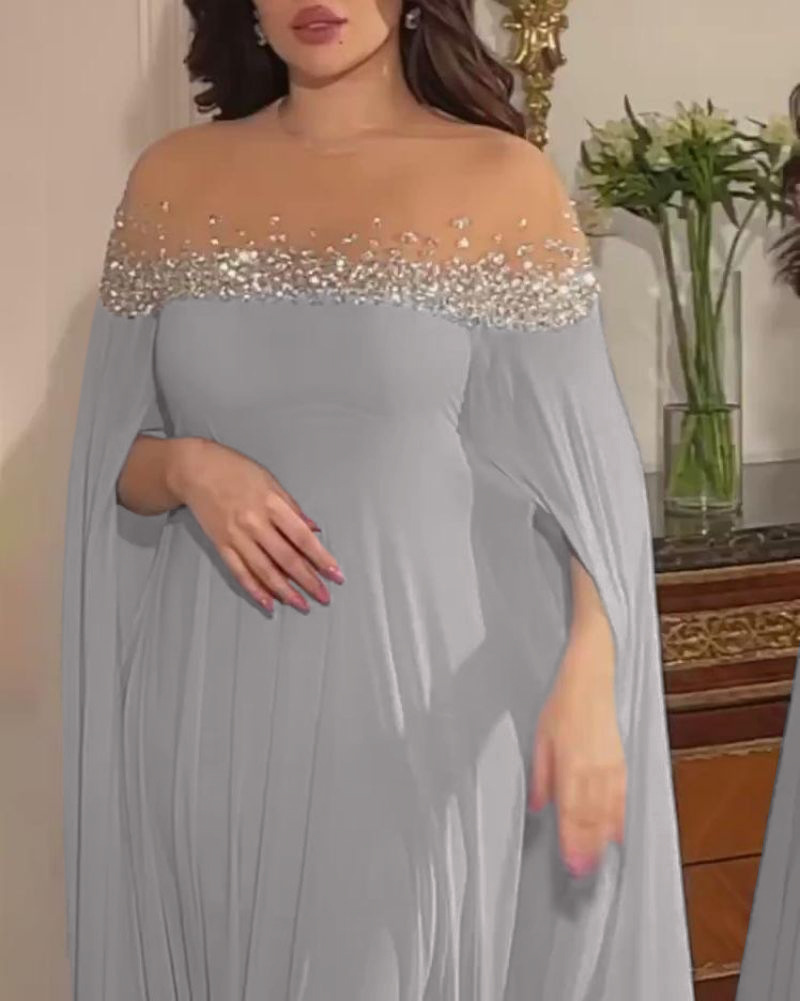 Elegant aftenkjole for damer med perler og stein i chiffon_voghion.com