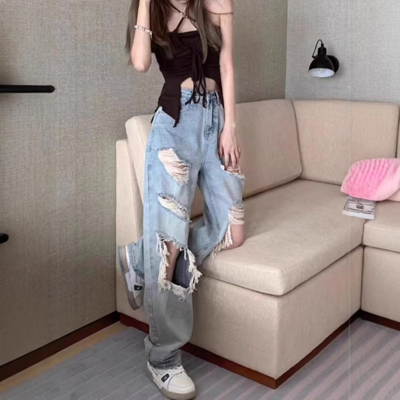 American Retro Washed Light Blue Ripped Jeans for Women Summer Casual Loose Slimming Straight Wide-Leg Floor-Length Pants