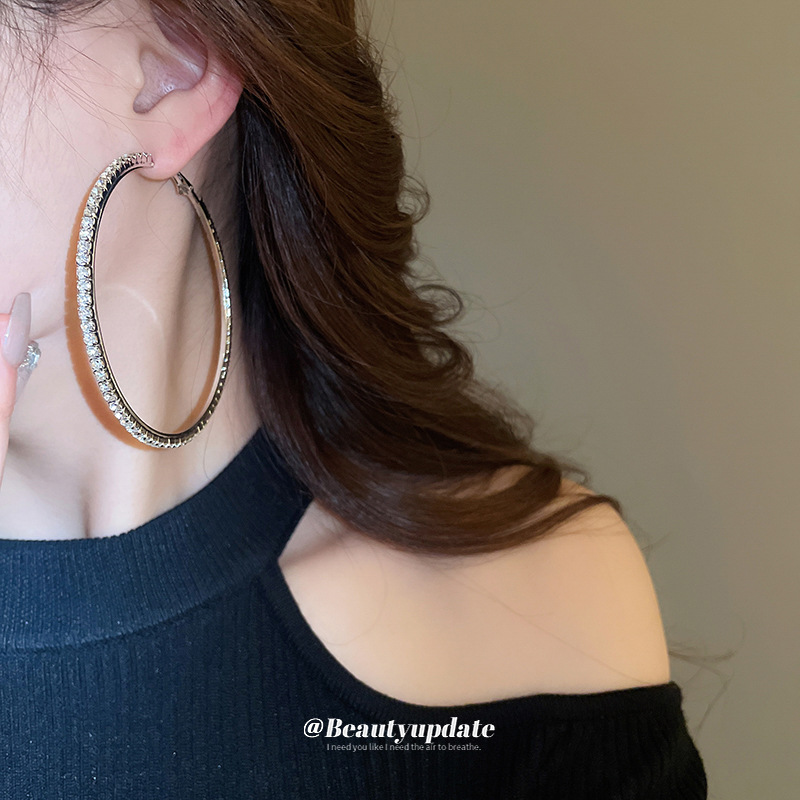 Aguja de plata viento frío, orejeras redondas con incrustaciones de diamantes, pendientes de diseño exagerado de nicho, pendientes de moda femenina, lujo ligero, sentido de alta gama