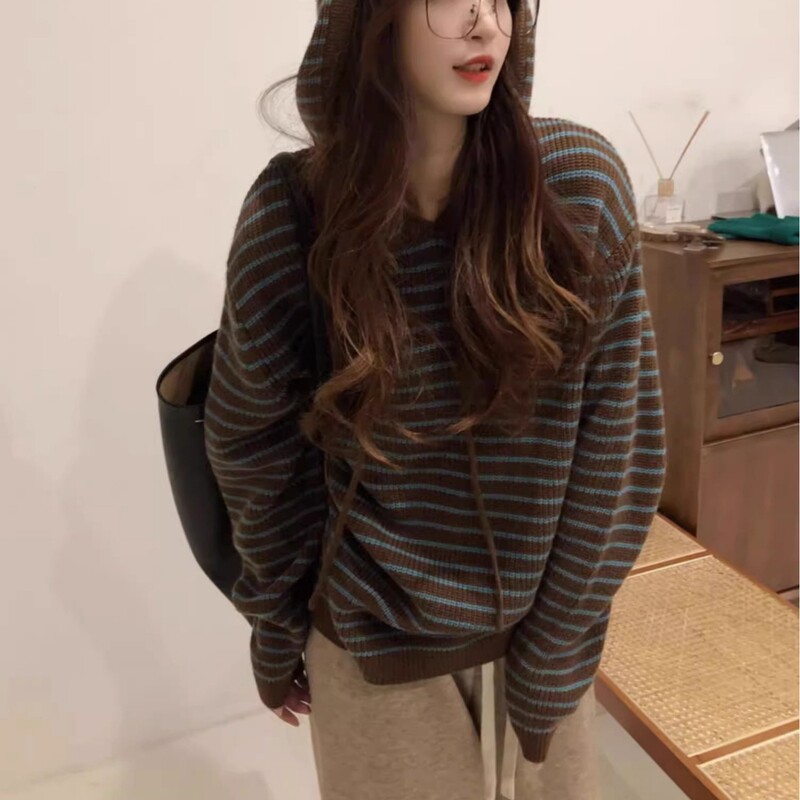 条纹连帽毛衣外套女秋冬宽松慵懒针织卫衣设计感韩系小众短款上衣|undefined