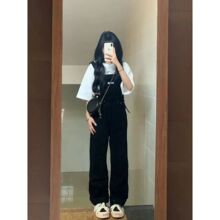 黑色牛仔背带裤女春秋新款宽松减龄高腰显瘦直筒阔腿拖地连体裤子