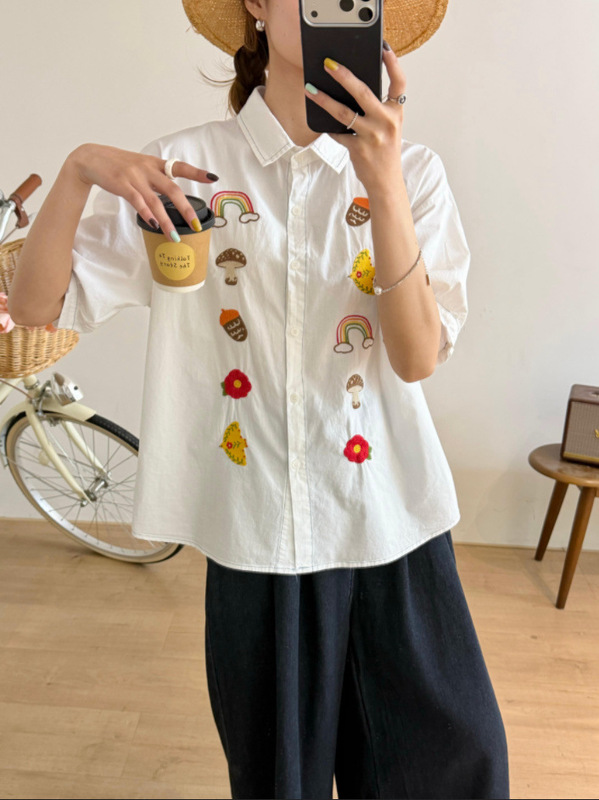 Japanese-Style Mori Girl Cartoon Embroidery Rainbow Mushroom Loose Women's Cardigan Short-Sleeve Shirt Wholesale